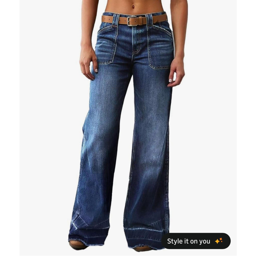 Flamingals Wide Straight Leg Mid Rise Baggy Pocket Denim Jeans No Belt M.
